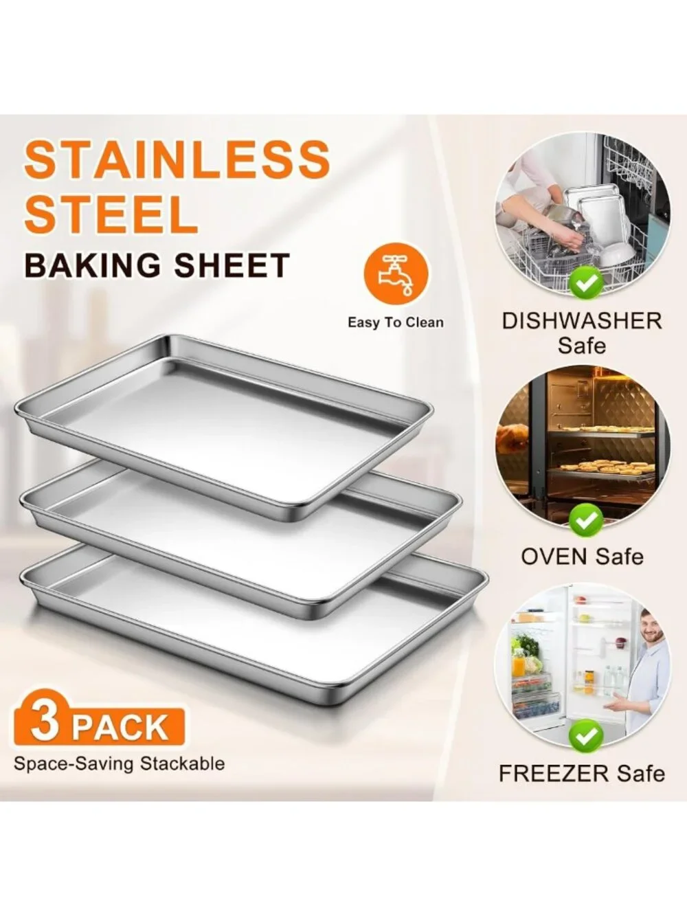 3-Piece Stainless Steel Baking Sheet Set - Heavy Duty, Nonstick, Rust Resistant